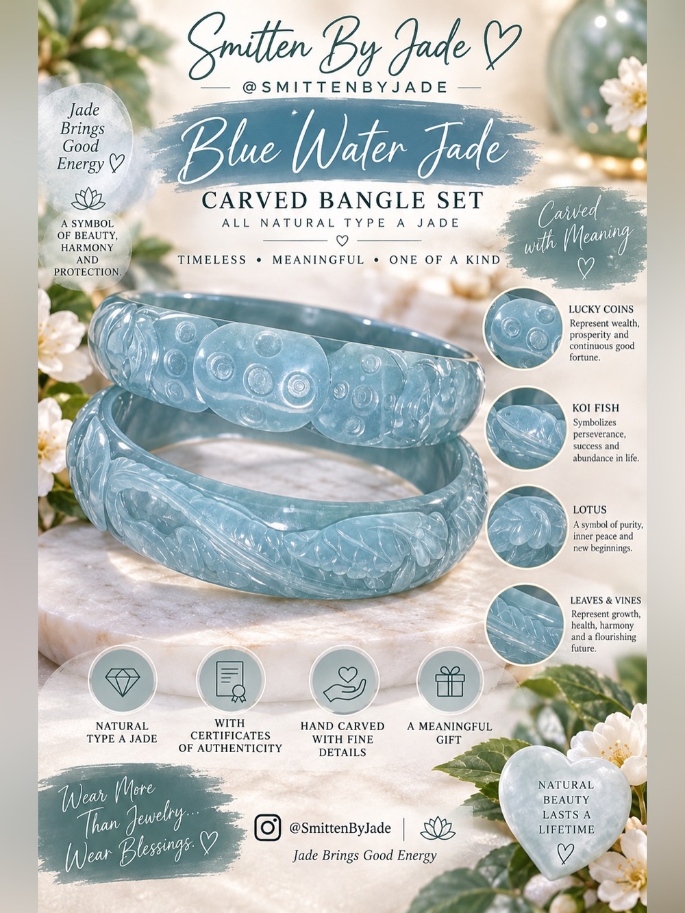 Blue Water Jade Carved Bangle Set